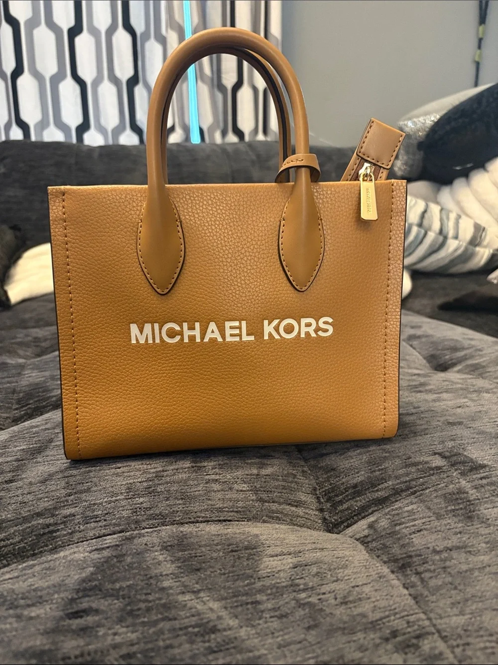 Michael Kors Caramel Brown Pebbled Leather Satchel with Logo